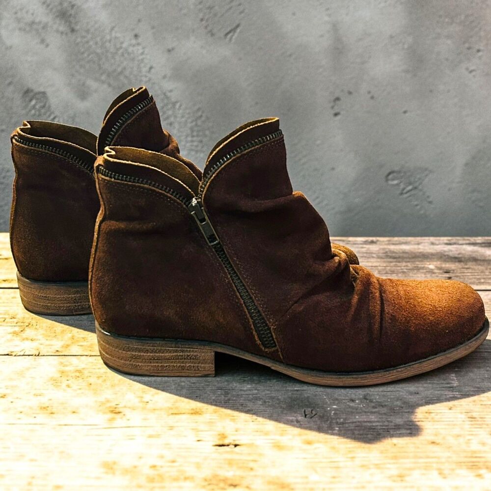 Miz Mooz Luna Suede Leather Ruched Ankle Boots Brown Side Zip Booties Size 9